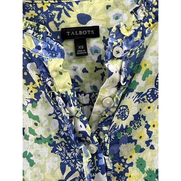 Talbots Blue Yellow White Floral Print LS Womens Top Size XS Ruffle Trim - Picture 2 of 8